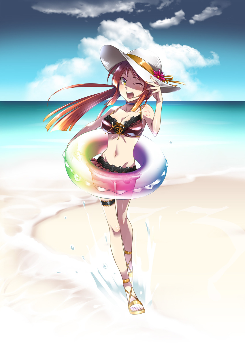 1boy ankle_lace-up bare_shoulders beach bikini bikini_skirt breasts caffein cleavage commentary_request cross-laced_footwear day front-tie_top hat highres innertube large_breasts male_focus male_with_breasts multicolored_eyes namine_ritsu navel one_eye_closed orange_hair otoko_no_ko outdoors solo strap_gap swim_ring swimsuit utau water