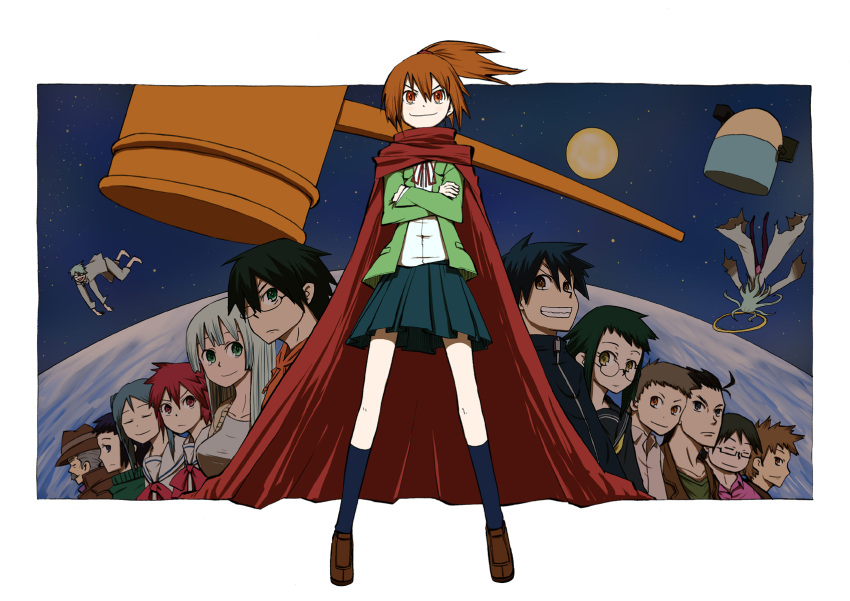 akane_taiyou akitani_inachika amamiya_yuuhi anima_(samidare) asahina_samidare black_legwear blue_skirt brown_hair cape commentary_request crossed_arms everyone full_body hakudou_yayoi hammer highres hoshi_no_samidare hoshikawa_subaru_(samidare) karu_(ishiken) kiru_sonne kneehighs kusakabe_tarou lance_lumiere lee_soleil long_sleeves multiple_boys multiple_girls nagumo_souichirou pleated_skirt red_cape ron_yue shea_moon shimaki_hyou shinonome_hangetsu shinonome_mikazuki short_hair skirt socks sorano_hanako standing tsukishiro_yukimachi zan_amaru