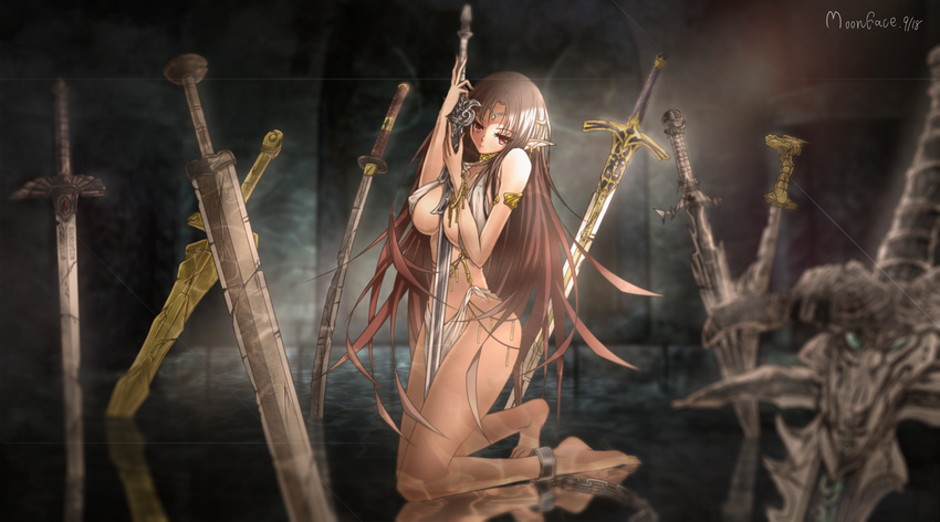 absurdres armlet artist_name bare_shoulders barefoot between_breasts between_legs breasts broken broken_sword broken_weapon brown_hair caliburn_(fate) chains collarbone commentary_request covered_nipples dated elf excalibur_(fate/stay_night) fate/stay_night fate_(series) female fingernails forehead_jewel frostmourne full_body groin hands_on_hilt highres holding holding_sword holding_weapon katana kneeling large_breasts loincloth long_fingernails long_hair looking_at_viewer moonface multiple_swords multiple_weapons nail_polish on_liquid original pelvic_curtain planted planted_sword pointy_ears red_eyes restrained revealing_clothes solo sword very_long_hair warcraft warcraft_iii water weapon yellow_nails