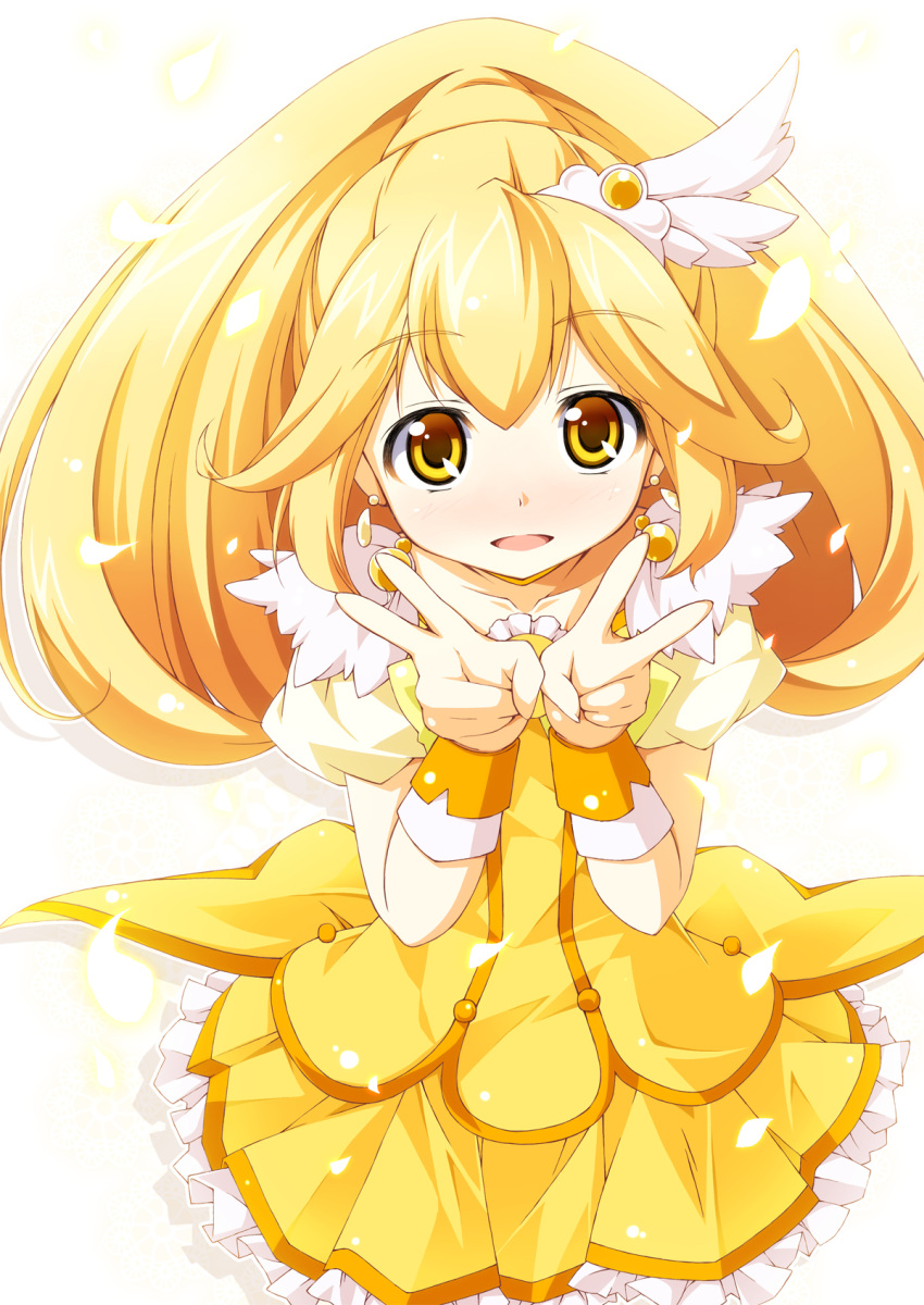 blonde_hair commentary_request cure_peace double_v female hair_flaps highres kanzaki_sora long_hair magical_girl petals ponytail precure ribbon skirt smile_precure solo v wide_ponytail wrist_cuffs yayoi_kise yellow_eyes yellow_skirt yellow_theme