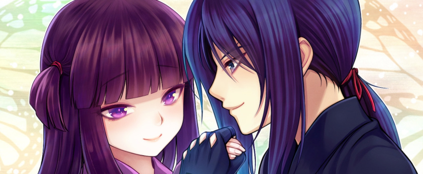 1boy basilisk_(manga) blue_eyes blue_hair blunt_bangs byuune close-up commentary_request couple eye_contact female gloves happy holding_hands hotarubi light_smile looking_at_another ponytail purple_eyes purple_hair side_ponytail straight yashamaru