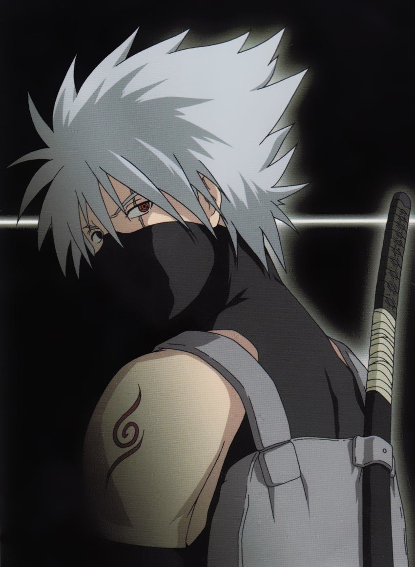 artist_request gradient gradient_background hatake_kakashi highres katana male male_focus naruto sharingan short_hair solo spiked_hair spiky_hair sword tattoo weapon weapons white_hair