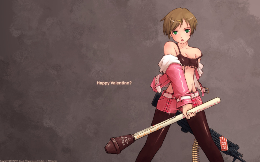 ammunition_belt bare_shoulders brown_hair chocolate green_eyes gun hair_ornament hairclip hard_translated highres machine_gun matsumae_takumi midriff nazi original pantyhose panzerfaust short_hair translated valentine weapon