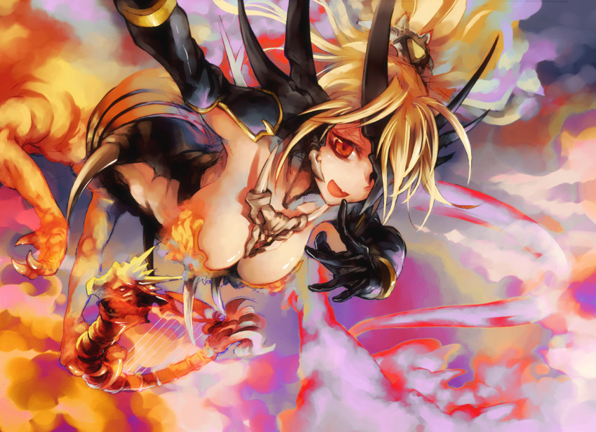 armlet armpits bad_id bad_pixiv_id blonde_hair bracelet breasts centauroid claws cleavage clothing_cutout dragon dragon_girl dragon_horns dragon_wings duel_monster elbow_gloves female gloves headpiece high_ponytail horns ikuhana_niiro jewelry large_breasts looking_at_viewer multicolored_background navel_cutout oerba_yun_fang open_mouth outstretched_arm queen_dragun_djinn red_eyes skin_fang solo taur wings yu-gi-oh!