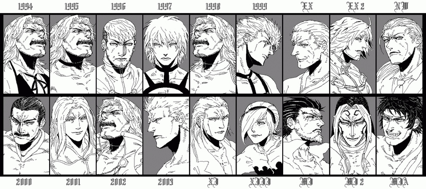 6+boys aged_down amou_shinobu ash_crimson beard cheetahq closed_mouth commentary copyright_name duke_(kof) evil_ash_(kof) facial_hair fatal_fury fighter's_history freckles geese_howard goenitz greyscale hair_over_one_eye hairband headband highres igniz_(kof) jivatma kof:_maximum_impact krizalid magaki_(kof) male_focus maximum_impact_ii mizoguchi_makoto monochrome moustache mukai_(kof) multiple_boys omega_rugal one_eye_covered orochi_(kof) parted_lips rugal_bernstein serious short_hair smile teeth the_king_of_fighters the_king_of_fighters_'94 the_king_of_fighters_'95 the_king_of_fighters_'96 the_king_of_fighters_'97 the_king_of_fighters_'98 the_king_of_fighters_'99 the_king_of_fighters_2000 the_king_of_fighters_2001 the_king_of_fighters_2002 the_king_of_fighters_2003 the_king_of_fighters_ex the_king_of_fighters_ex2 the_king_of_fighters_neowave the_king_of_fighters_xi the_king_of_fighters_xiii zero_(kof)