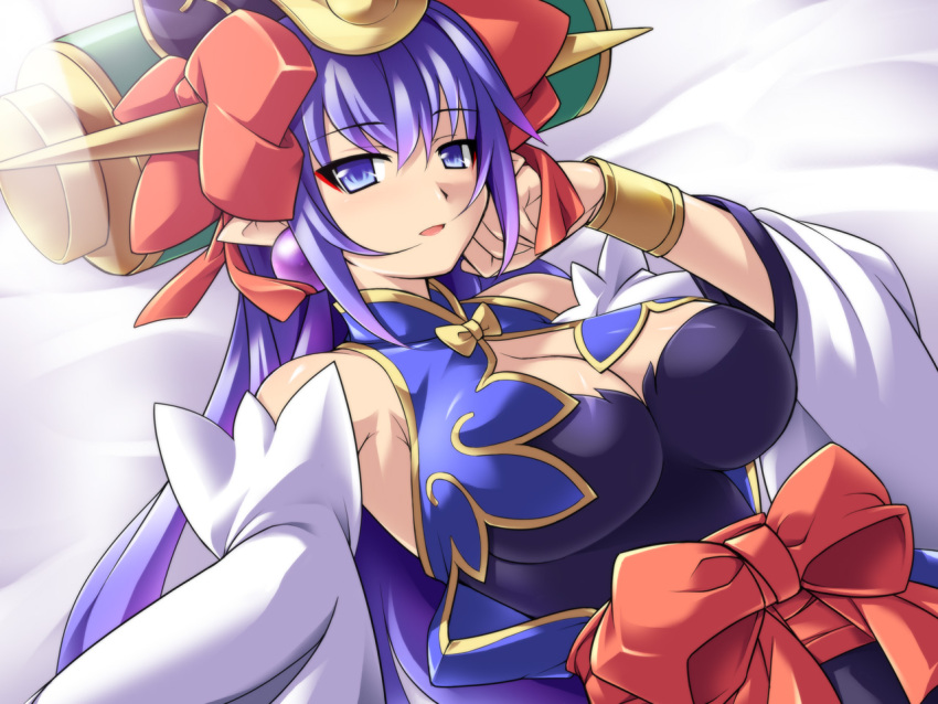 bare_shoulders blue_hair bow bracelet breasts cleavage cleavage_cutout clothing_cutout commentary_request detached_sleeves earrings eyeliner female gradient_hair hairbow headdress horns jewelry katami_shinta large_breasts lying makeup multicolored_hair nayuta_(shinrabanshou) on_back open_mouth purple_hair scroll shinrabanshou solo