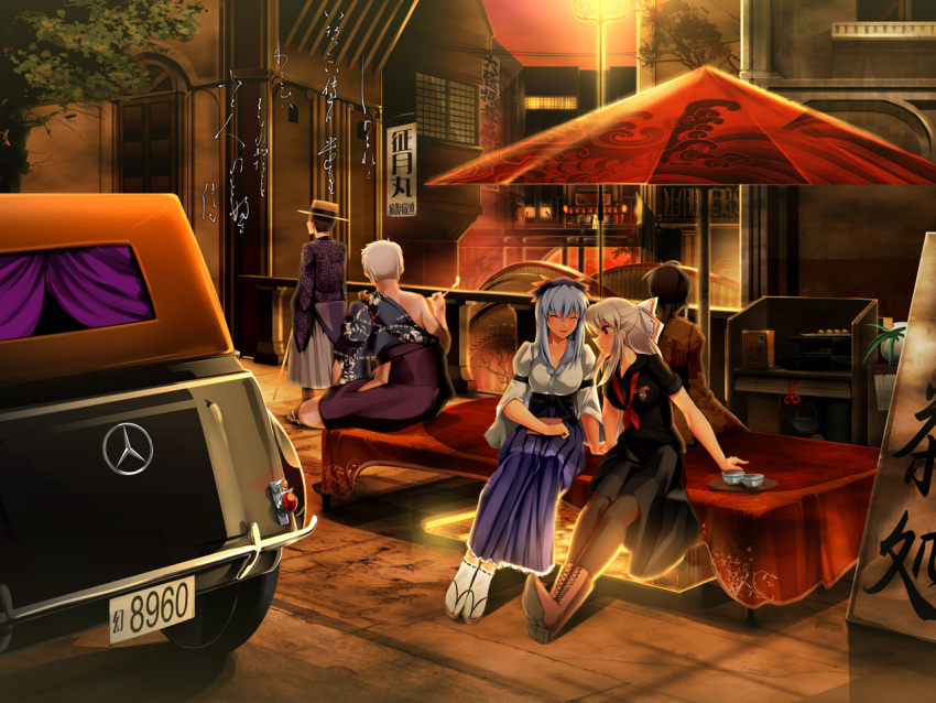 2boys 3girls alternate_costume black_hair blue_hair boots bow bowalia bowl breasts bridge cane car commentary_request contemporary cross-laced_footwear dress fujiwara_no_mokou grey_hair hairbow hat holding_hands japanese_clothes kamishirasawa_keine kiseru lace-up_boots license_plate long_hair medium_breasts mercedes-benz motor_vehicle multiple_boys multiple_girls obi open_mouth pantyhose photoshop_(medium) poem red_eyes sash sitting skirt smile smoking_pipe tabi tanka_(poetry) touhou translation_request tray umbrella white_hair