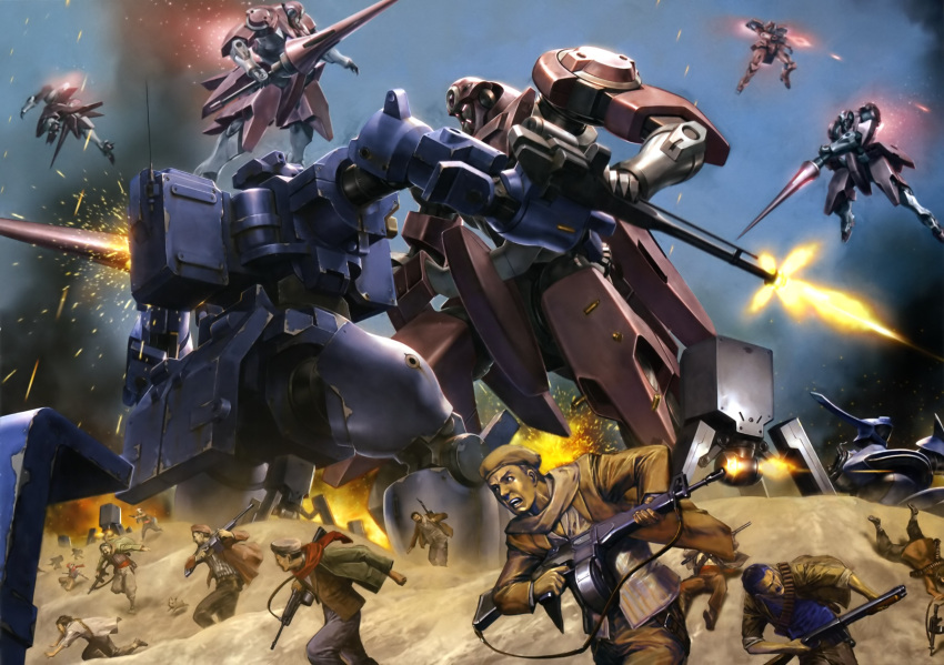 6+boys ahead_(mobile_suit) ammunition_belt animal artist_request assault_rifle battle beam_rifle beret blue_sky boots brown_hair buckle carrying casing_ejection combat_boots damaged desert drum_magazine enact energy_gun falling fire firing flying glowing glowing_eyes gn-x_iii gun gun_sling gundam gundam_00 hat highres jacket lance light_particles machine_gun magazine_(weapon) mecha multiple_boys muzzle_flash pants polearm rifle robot running sash scarf shell_casing shirt shoes short_hair shotgun sky smoke soldier sparks stab tieren war weapon