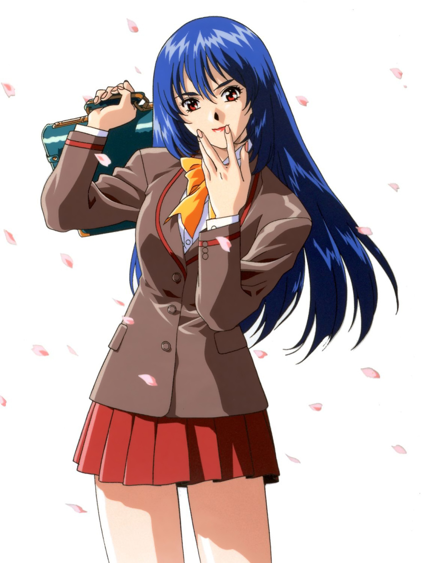 1990s_(style) akiyama_yuuko bag blazer blue_hair bow briefcase buttons cherry_blossoms cowboy_shot female hair_between_eyes head_tilt highres holding jacket lipstick long_hair long_sleeves looking_at_viewer makeup miniskirt non-web_source official_art over_shoulder petals photoshop_(medium) pleated_skirt red_eyes retro_artstyle school_bag school_uniform shirt simple_background skirt solo standing white_background yamada_masaki zenkoku_seifuku_bishoujo_grand_prix