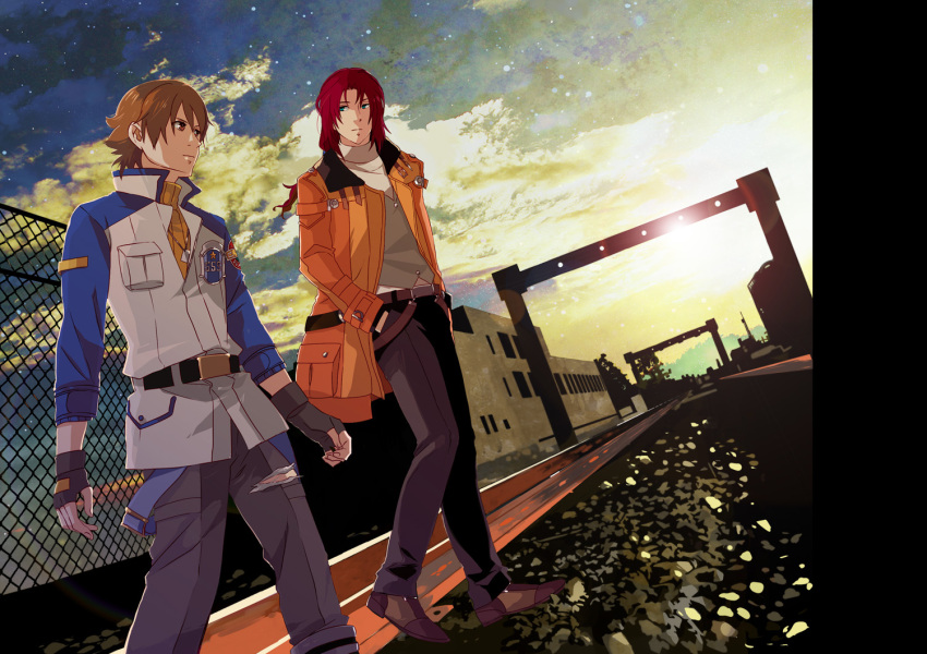 2boys bad_id bad_pixiv_id belt brown_eyes brown_hair coat eiyuu_densetsu green_eyes hand_in_pocket kazuki_(kazu-king) lloyd_bannings long_hair multiple_boys outdoors pants photoshop_(medium) railroad_tracks randolph_orlando red_hair walking zero_no_kiseki