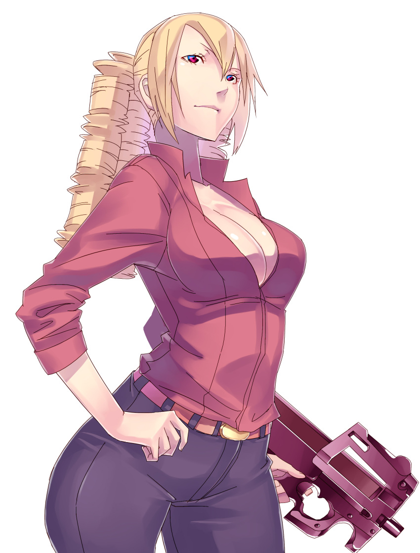 absurdres belt blonde_hair breasts bullpup cleavage commentary_request drill_hair female gun highres karasuma_kyouko_no_jikenbo large_breasts long_hair p90 red_eyes simple_background solo submachine_gun sugiura_miki velzhe weapon white_background