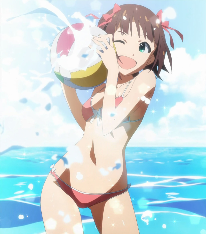 amami_haruka ball beachball bikini brown_hair green_eyes hair_ribbon highres idolmaster ocean one_eye_closed ribbon short_hair splash splashing stitch stitched swimsuit wink