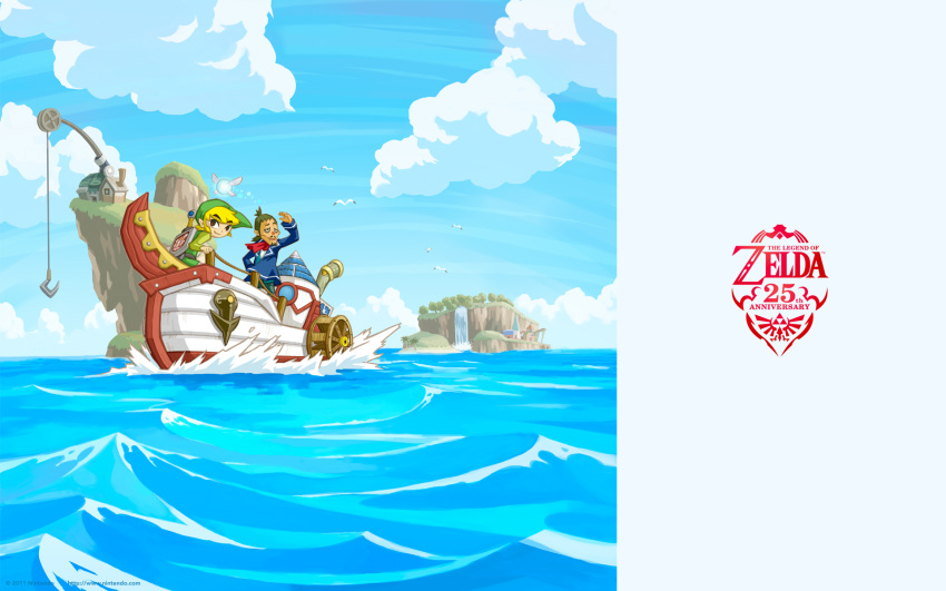 2boys anchor anniversary artist_request bird ciela cloud cover day fairy highres hook island linebeck link multiple_boys ocean official_art official_wallpaper seagull ship sky the_legend_of_zelda the_legend_of_zelda:_phantom_hourglass video_game_cover water watercraft waterfall