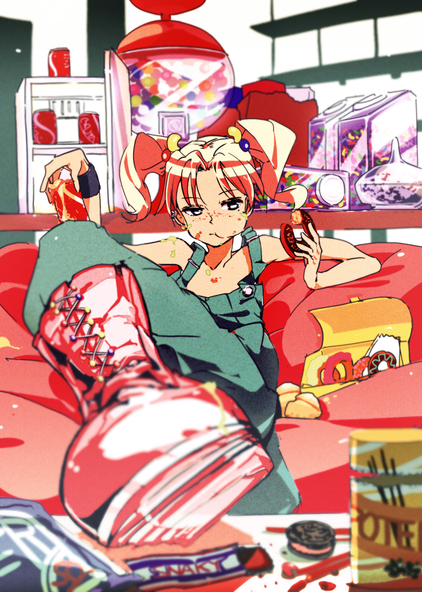 absurdres bad_id bad_pixiv_id blurry boots brand_name_imitation can candy chewing_gum chocolate commentary_request cookie depth_of_field doughnut drink_can eating female food foreshortening freckles gumball gumball_machine hair_bobbles hair_ornament highres mayuge1017 no_bra original overalls pink_footwear pink_hair sandwich_cookie sitting soda soda_can solo sweets twintails wristband