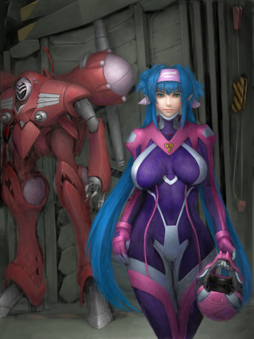 armor bad_id bad_pixiv_id bandana blue_hair bodysuit breasts breasts_apart cannon capeldonya eyebrows female giant giantess green_eyes hangar helmet highres hip_focus klan_klein large_breasts lips long_hair macross macross_frontier macross_quarter mecha meltrandi multicolored_bodysuit multicolored_clothes photoshop_(medium) pilot_suit pink_bodysuit pointy_ears power_armor purple_bodysuit queadluun-rea realistic robot s.m.s. solo spacesuit straight-on very_long_hair wide_hips zentradi