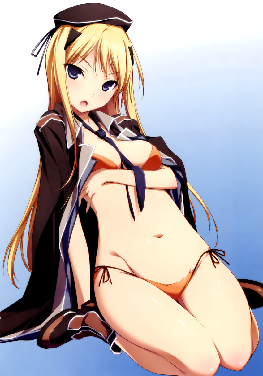 bad_link baldr_(series) baldr_sky between_breasts bikini bikini_under_clothes blazer blonde_hair blue_eyes breast_hold breasts female full_body gradient_background groin hat highres jacket kikuchi_seiji kirishima_rain kneeling long_hair medium_breasts navel necktie necktie_between_breasts open_clothes open_mouth open_shirt orange_bikini shirt shoes side-tie_bikini_bottom solo swimsuit very_long_hair