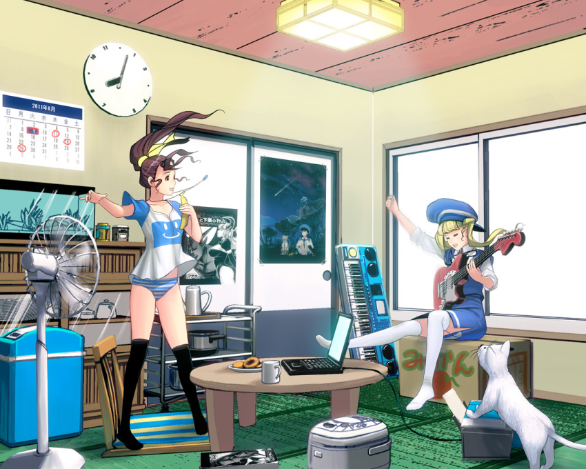 2girls bad_id bad_pixiv_id banana black_hair blonde_hair brown_eyes brown_hair calendar_(object) clock closed_eyes computer electric_fan feline food fruit girl_with_golden_shoe guitar hat instrument jewelry keyboard_(instrument) kin_no_kutsu_gin_no_kutsu kouno_(masao) laptop long_hair multiple_girls necklace no_pants open_mouth original panties photoshop_(medium) ponytail poster_(object) sleeves_rolled_up smile striped_clothes striped_panties thighhighs twintails underwear white_legwear zettai_ryouiki