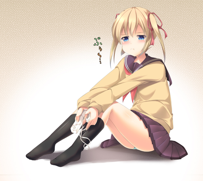 :t black_socks blonde_hair blue_eyes blue_panties blush commentary_request controller female game_console game_controller highres nekomushi no_shoes original panties pantyshot photoshop_(medium) pleated_skirt pout school_uniform serafuku sitting skirt socks solo twintails underwear wii wii_remote