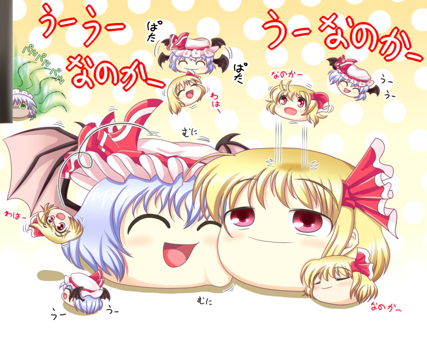 bat_wings blonde_hair blue_hair blush_stickers bow braid cheek_press closed_eyes commentary_request flying green_eyes grey_hair happy hat hat_bow is_that_so izayoi_sakuya jealous koyukkuri maid_headdress no_humans open_mouth paru_paru red_eyes remilia_scarlet rumia shishou_no_deshi smile touhou translated wings yukkuri_shiteitte_ne