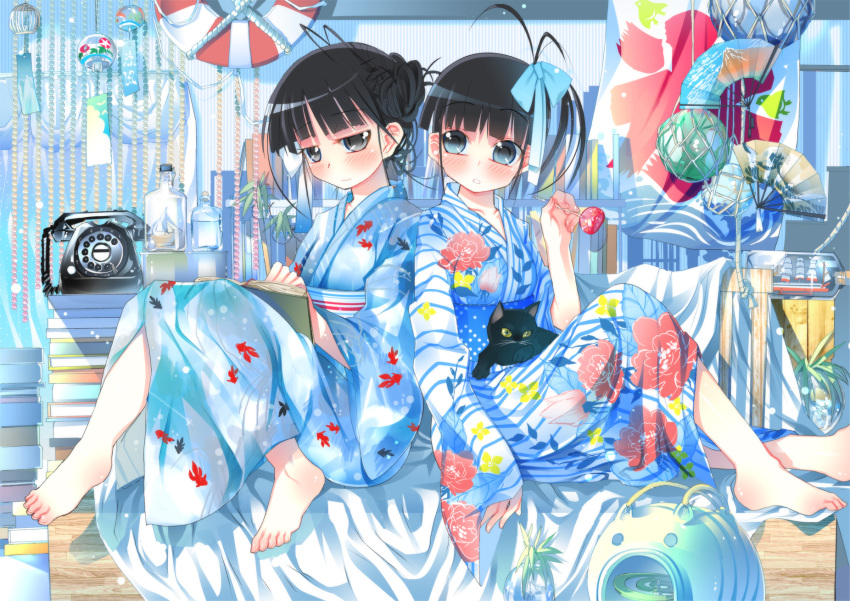 2girls bad_id bad_pixiv_id barefoot black_eyes black_hair blue_eyes book book_stack bottle bow corded_phone feet floral_print folding_fan glass hairbow hand_fan highres japanese_clothes kayari_buta kimono mosquito_coil multiple_girls original phone ship_in_a_bottle sitting sodapop_(iemaki) wind_chime