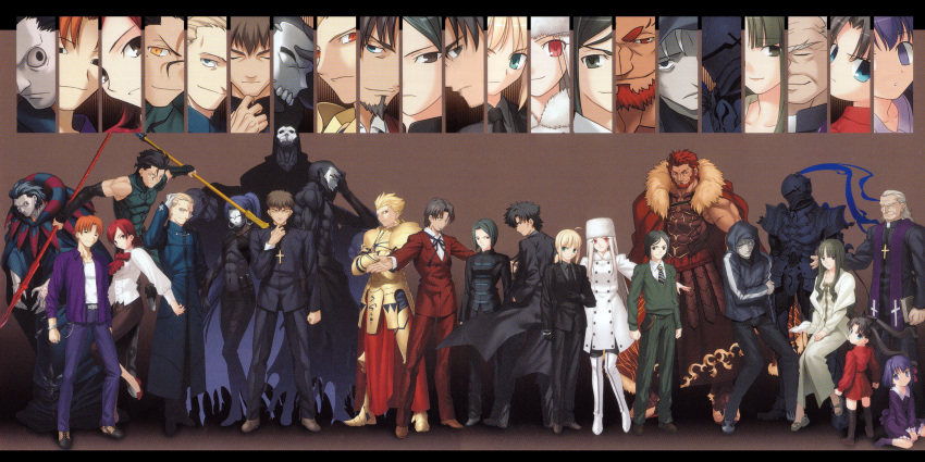 6+boys 6+girls absurdres ahoge armor artoria_pendragon_(fate) assassin_(fate/zero) beard berserker_(fate/zero) black_hair blonde_hair blue_hair book bow cape cleaned cross dark-skinned_female dark_skin diarmuid_ua_duibhne_(lancer)_(fate) emiya_kiritsugu everyone facial_hair fate/zero fate_(series) female_assassin_(fate/zero) formal gilgamesh_(fate) gilles_de_rais_(caster)_(fate) goatee hat highres hisau_maiya hood irisviel_von_einzbern iskandar_(fate) jacket kayneth_el-melloi_archibald knife knight kotomine_kirei kotomine_risei mask matou_kariya matou_sakura multiple_boys multiple_girls muscular necktie non-web_source old old_man pantyhose photoshop_(medium) polearm ponytail priest purple_hair red_hair saber_(fate) scan skin_tight skull sola-ui_nuada-re_sophia-ri spear suit takeuchi_takashi tohsaka_aoi tohsaka_rin tohsaka_tokiomi twintails uryuu_ryuunosuke waver_velvet weapon