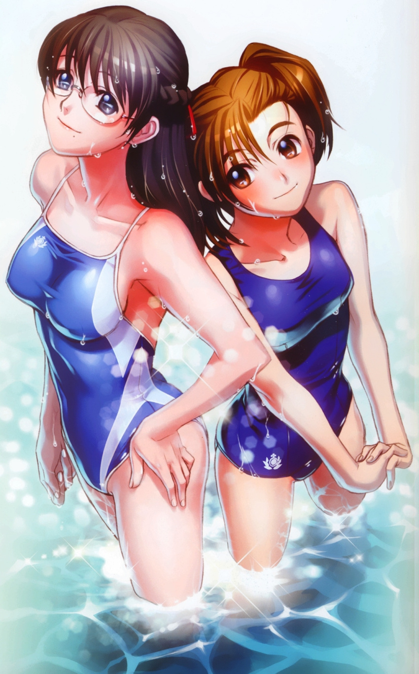 2girls black_hair black_lagoon braid breasts brown_eyes brown_hair collarbone colorized competition_swimsuit glasses grey_eyes hair_ribbon hand_on_own_hip highres hiroe_rei large_breasts long_hair maki_(black_lagoon) medium_breasts mole mole_under_mouth multiple_girls official_art one-piece_swimsuit paint.net_(medium) ribbon school_swimsuit smile standing swimsuit twintails wading washimine_yukio water wet wet_clothes