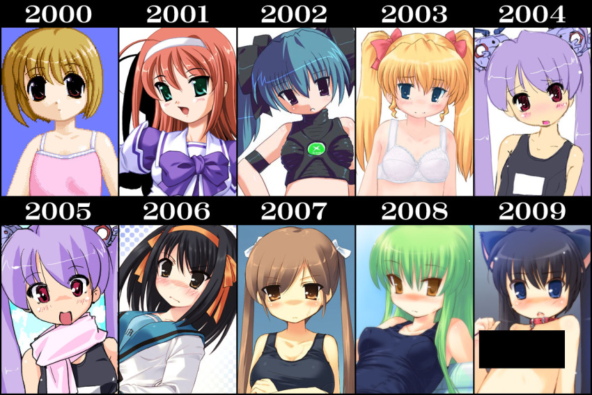 6+girls animal_ears artist_progress ball_(gundam) black_hair blonde_hair blue_eyes blue_hair blush bow bra brown_eyes brown_hair censored character_request chart commentary_request comparison ezakishii green_hair gundam hairband hairbow kita_high_school_uniform lingerie multiple_girls muv-luv one-piece_swimsuit orange_hairband original photoshop_(medium) purple_hair red_eyes red_hair scarf school_swimsuit school_uniform serafuku suzumiya_haruhi suzumiya_haruhi_no_yuuutsu swimsuit ten_year_artist_progress_record twintails underwear white_bra winter_uniform