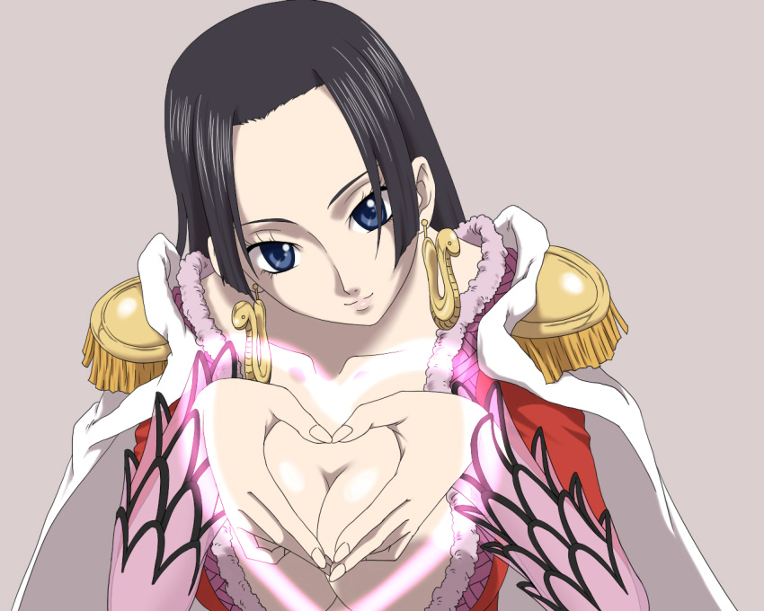 amazon_warrior black_hair blue_eyes boa_hancock breasts cape cleavage commentary_request earrings epaulettes female heart heart_hands jewelry large_breasts long_hair one_piece pitecube simple_background smile solo