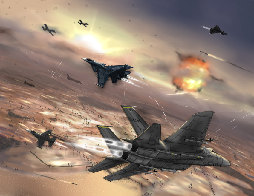 a-10_thunderbolt_ii ace_combat ace_combat_6 aerial_battle aircraft airplane bad_id bad_pixiv_id battle dogfight eurofighter_typhoon explosion f-15_eagle f-16_fighting_falcon fighter_jet flying jet landscape military military_vehicle missile no_humans ragi_(00203) sky su-33 sun talisman_(ace_combat) vehicle_focus war weapon