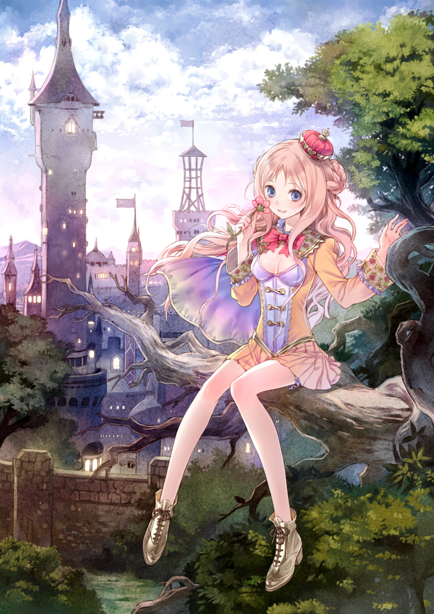 absurdres arched_crown atelier_(series) atelier_meruru bare_legs battlement blue_eyes boots bow braid breasts brown_hair bush cape castle city cleavage cleavage_cutout clothing_cutout crown day female flag flower foot_dangle half_updo highres holding holding_flower in_tree kishida_mel lights long_legs long_sleeves looking_at_viewer medium_breasts merurulince_rede_arls mini_crown miniskirt no_socks official_art outdoors paint.net_(medium) parted_lips pleated_skirt red_bow red_crown ribbon sitting sitting_in_tree skirt sky smile solo source_request spire stone_wall tilted_headwear tower town tree wall yellow_skirt