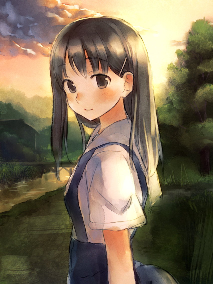 black_eyes black_hair cloud commentary_request faux_traditional_media female hair_ornament hairclip hate_shinaku_aoi_kono_sora_no_shita_de.... highres looking_at_viewer outdoors profile skirt sky solo sunset suspender_skirt suspenders tree upper_body yoshino_amane yuuki_keisuke