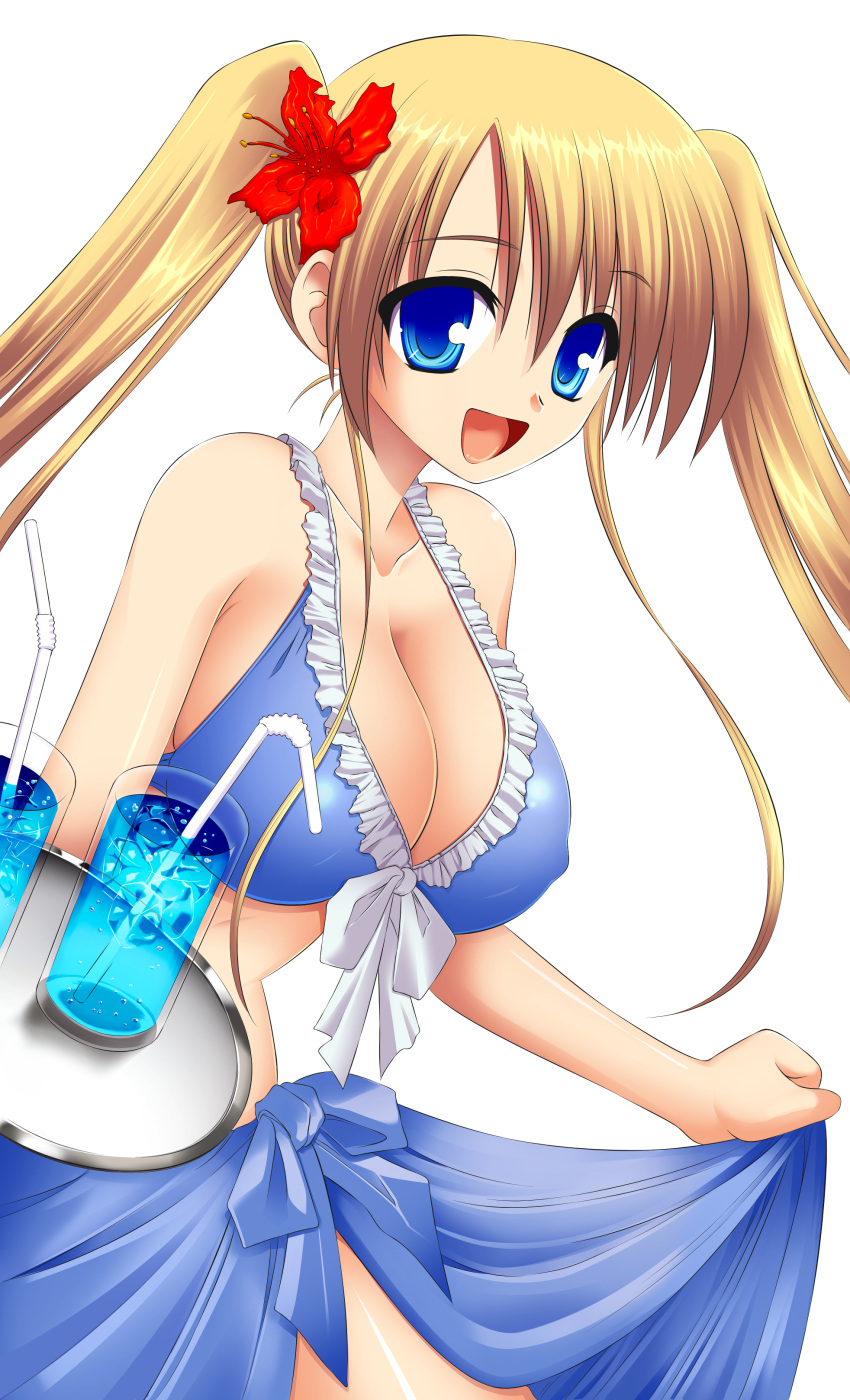 :d absurdres bad_link blonde_hair blue_eyes blue_sarong breasts cleavage clothes_lift colorized covered_nipples drink drinking_straw female flower frills front-tie_top hibiscus highres large_breasts lizlett_l._chelsie matra_milan omamori_himari open_mouth sarong sarong_lift shiny_skin smile solo third-party_edit tray twintails