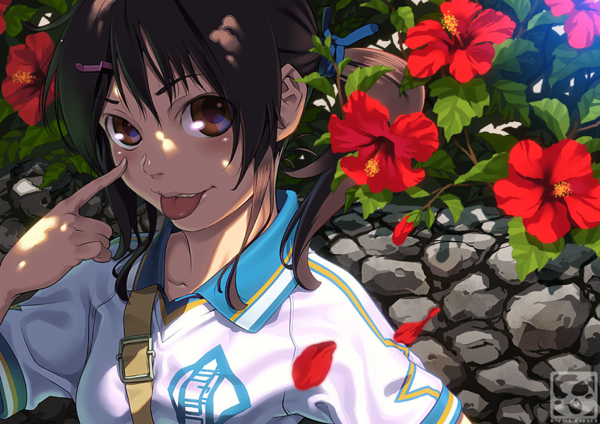 :p akanbe aoi_sora_(pairan) brown_eyes brown_hair commentary_request dappled_sunlight eyelid_pull female flower hair_ornament hairclip hibiscus lips original pairan petals shade smile soccer_uniform solo sportswear sunlight tongue tongue_out twintails upper_body