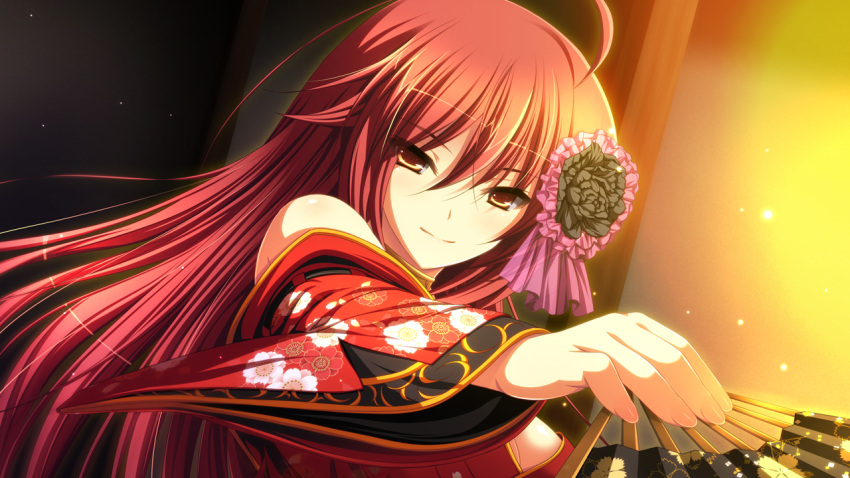 ahoge closed_mouth fan female female game_cg hair_ornament huge_ahoge japanese_clothes long_hair looking_at_viewer oda_nobunaga_(sengoku_hime) red_eyes red_hair sengoku_hime sengoku_hime_4 smile solo traditional_clothes