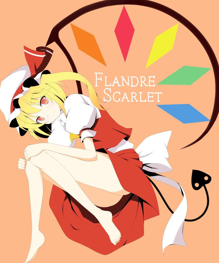 absurdres bad_id bad_pixiv_id bare_legs barefoot blonde_hair demon_tail female flandre_scarlet hat highres ichi-jirushi laevatein_(tail) laevatein_(touhou) red_eyes side_ponytail skirt solo tail touhou wings