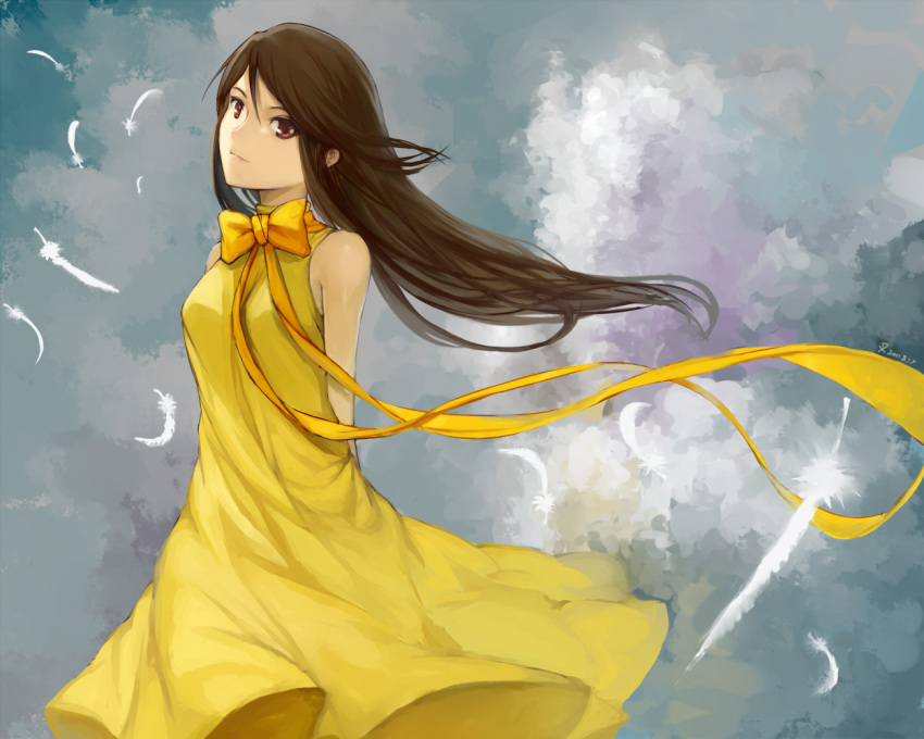 bow bowtie brown_hair charimei cloud commentary dress feathers female long_hair mishima_reika neck_ribbon rahxephon red_eyes ribbon solo wind yellow_bow yellow_bowtie yellow_dress yellow_ribbon