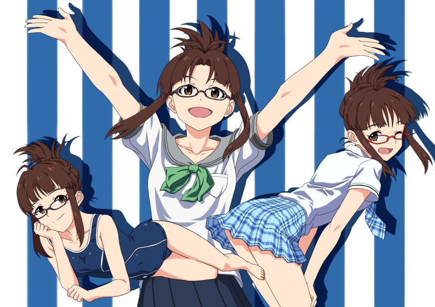 akizuki_ritsuko arms_up bent_over brown_eyes brown_hair commentary_request female folded_ponytail glasses highres idolmaster idolmaster_(classic) kaimuu_(fahrenheit724) lying on_side one-piece_swimsuit one_eye_closed plaid pleated_skirt red-framed_eyewear rough_time_school_(idolmaster) school_swimsuit school_uniform serafuku skirt swimsuit