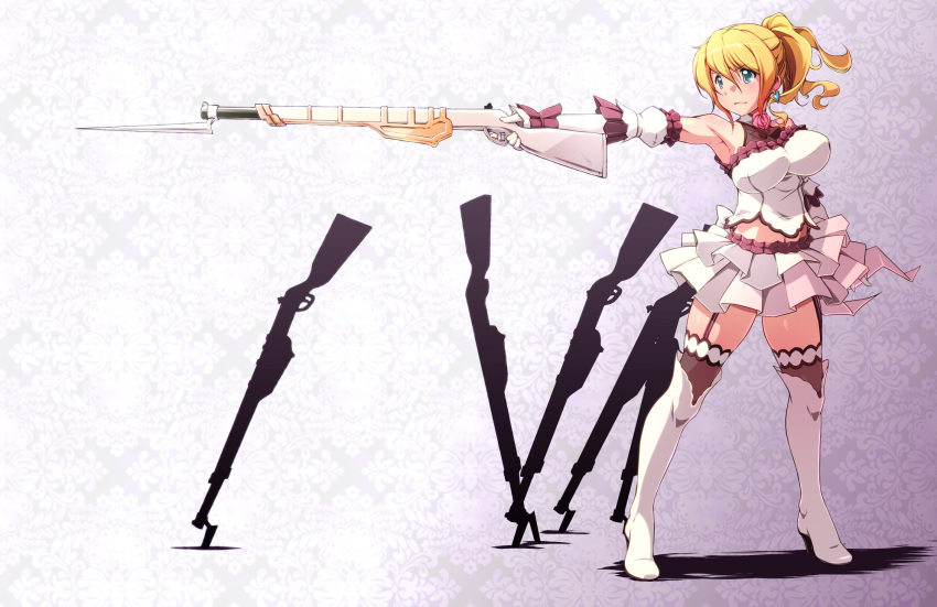 armpits bad_id bad_pixiv_id bayonet blonde_hair blue_eyes breasts character_request earrings female full_body gun highres jewelry large_breasts mahou_shoujo_madoka_magica mahou_shoujo_madoka_magica_(anime) midriff multiple_weapons navel parody planted planted_gun ponytail rifle ryo-ma solo thighhighs weapon