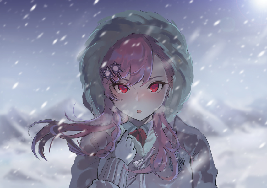 anthro braids girls_frontline gloves long_hair negev_(girls_frontline) photoshop pink_hair red_eyes snow tagme_(artist) winter