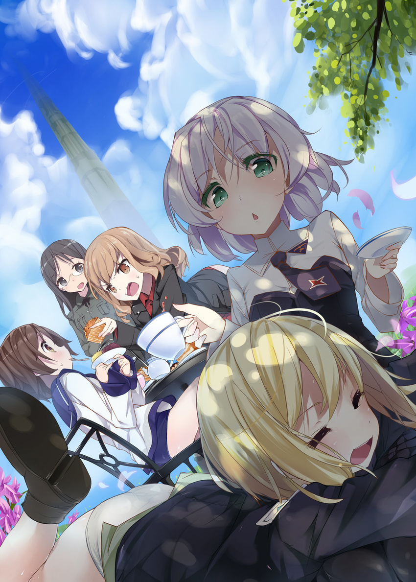 5girls :< bad_id bad_pixiv_id cloud cup cupcake dappled_sunlight day dutch_angle erica_hartmann fernandia_malvezzi food green_eyes highres jpeg_artifacts lap_pillow military military_uniform miyafuji_yoshika multiple_girls open_mouth panties pantyhose sailor sanagarah sanya_v._litvyak saucer school_swimsuit shade sky strike_witches strike_witches:_kurenai_no_majo-tachi sunlight suwa_amaki swimsuit teacup underwear uniform world_witches_series