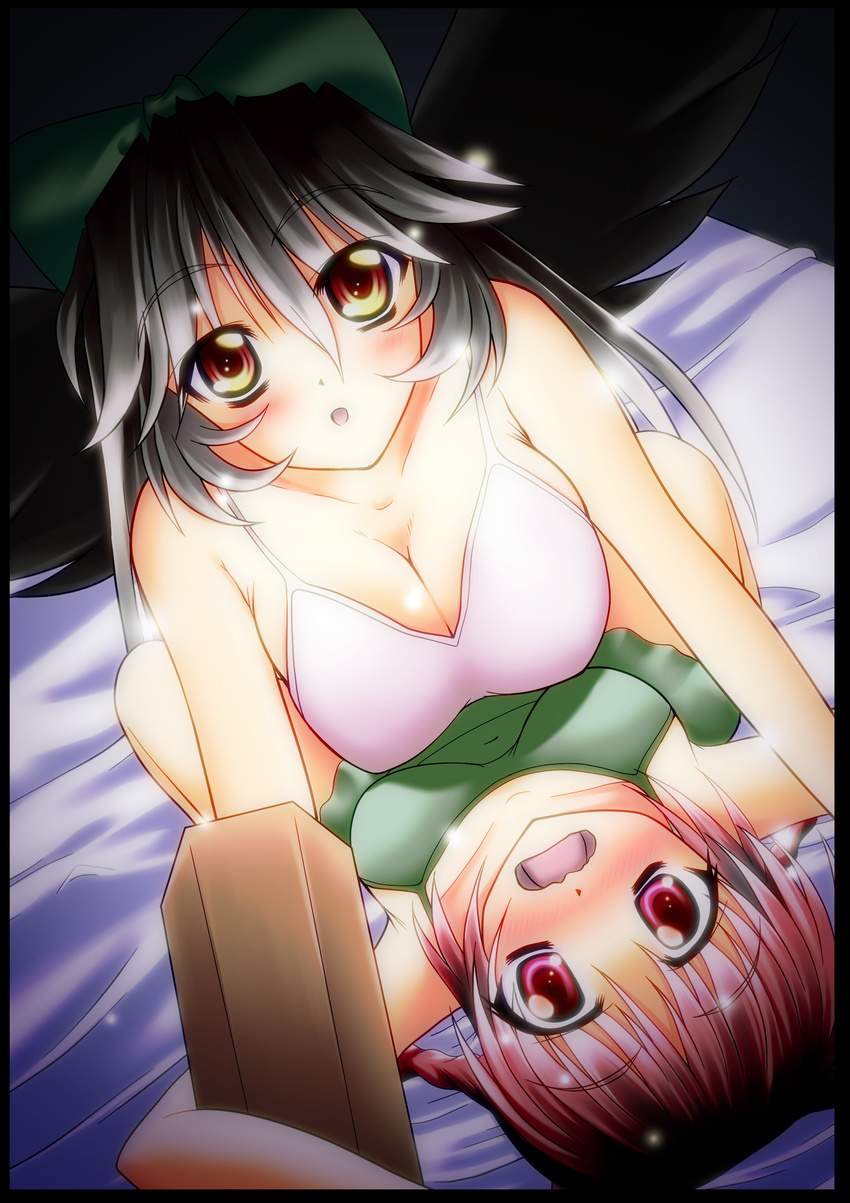 2girls absurdres aoi_sakuya arm_cannon blush bow breasts camisole cleavage commentary_request green_bow hairbow highres kaenbyou_rin large_breasts looking_up multiple_girls open_mouth reiuji_utsuho small_breasts smile touhou upside-down wavy_mouth weapon