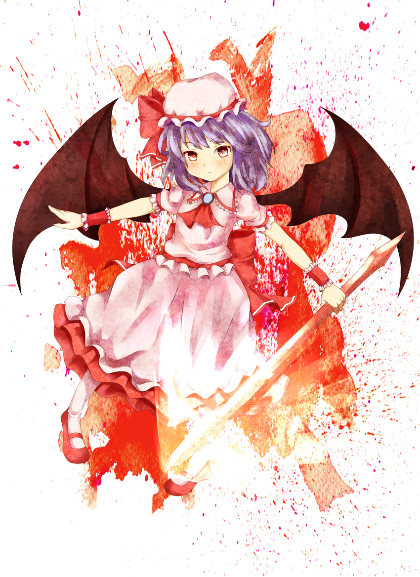 absurdres bad_id bad_pixiv_id bat_wings blood blue_hair dress female hat highres muttan_(ashiru-f) polearm red_eyes remilia_scarlet short_hair solo spear spear_the_gungnir touhou weapon wings