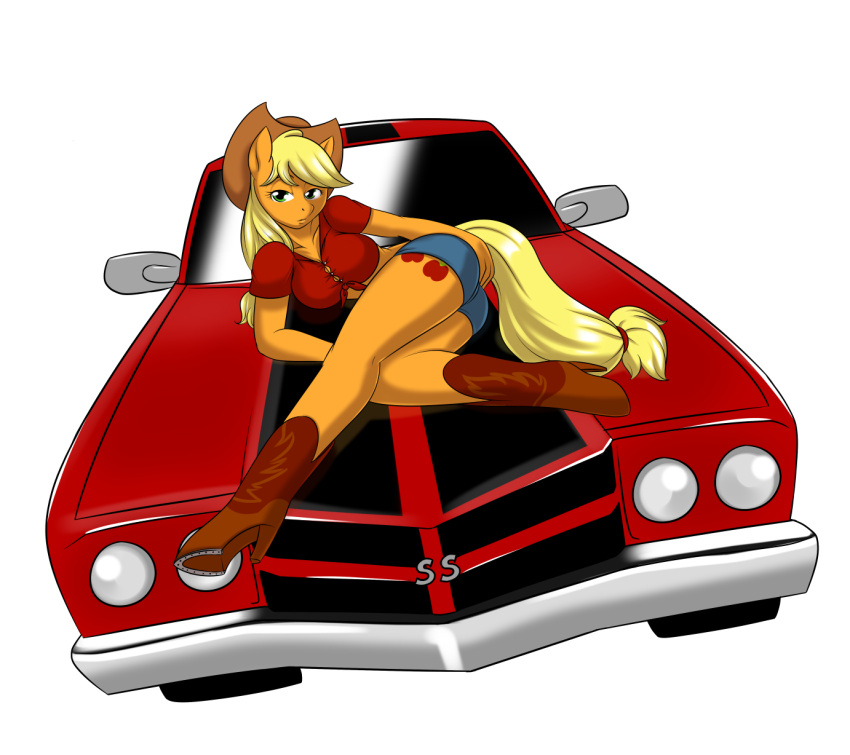 2011 anthro anthrofied applejack_(mlp) ass blonde_hair boots bottomwear breasts car chevrolet clothed clothing cowboy_boots cowboy_hat cutie_mark equid equine female footwear friendship_is_magic green_eyes hair hasbro hat headgear headwear hi_res horse kloudmutt looking_at_viewer lying mammal muscle_car my_little_pony on_side pony pose shorts simple_background solo vehicle white_background