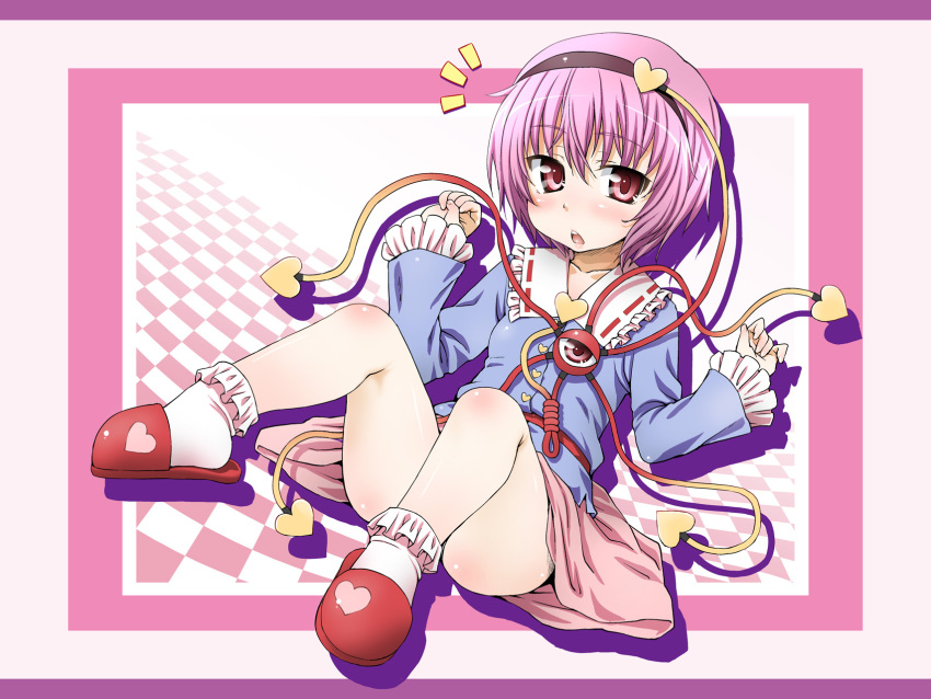 aru_ra_une bare_legs blush bobby_socks border checkered_background commentary_request eyeball female hairband heart highres komeiji_satori open_mouth outside_border photoshop_(medium) pink_eyes pink_hair red_eyes shirt short_hair sitting skirt socks solo third_eye touhou upskirt