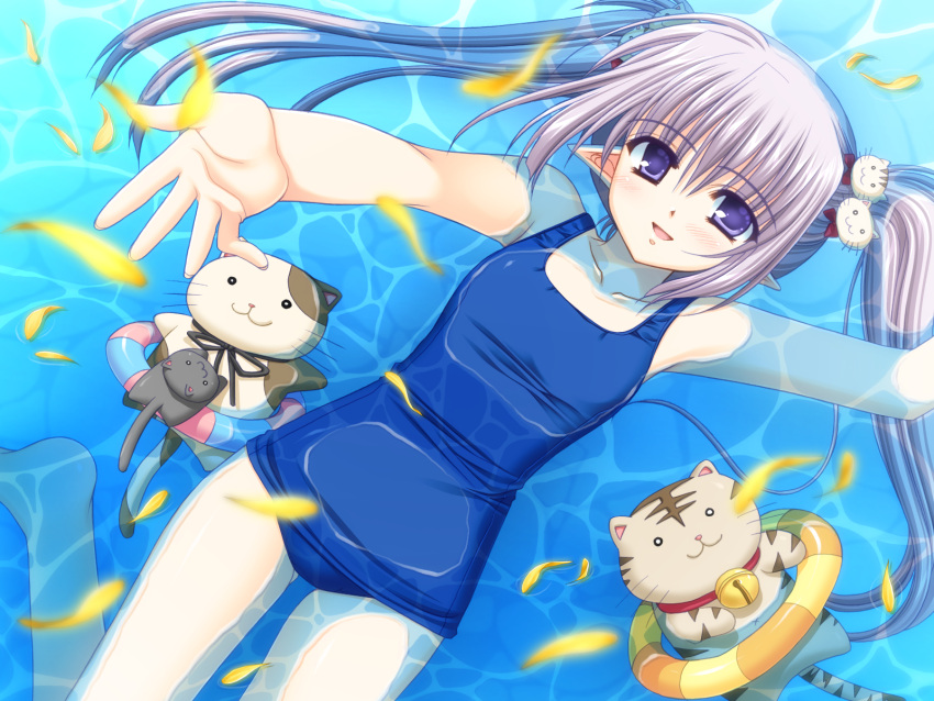 blue_eyes cat_hair_ornament feline female grey_hair hair_ornament highres innertube nishimata_aoi official_art one-piece_swimsuit petals pointy_ears primula school_swimsuit shuffle! solo stuffed_animal stuffed_cat stuffed_toy swim_ring swimsuit twintails water