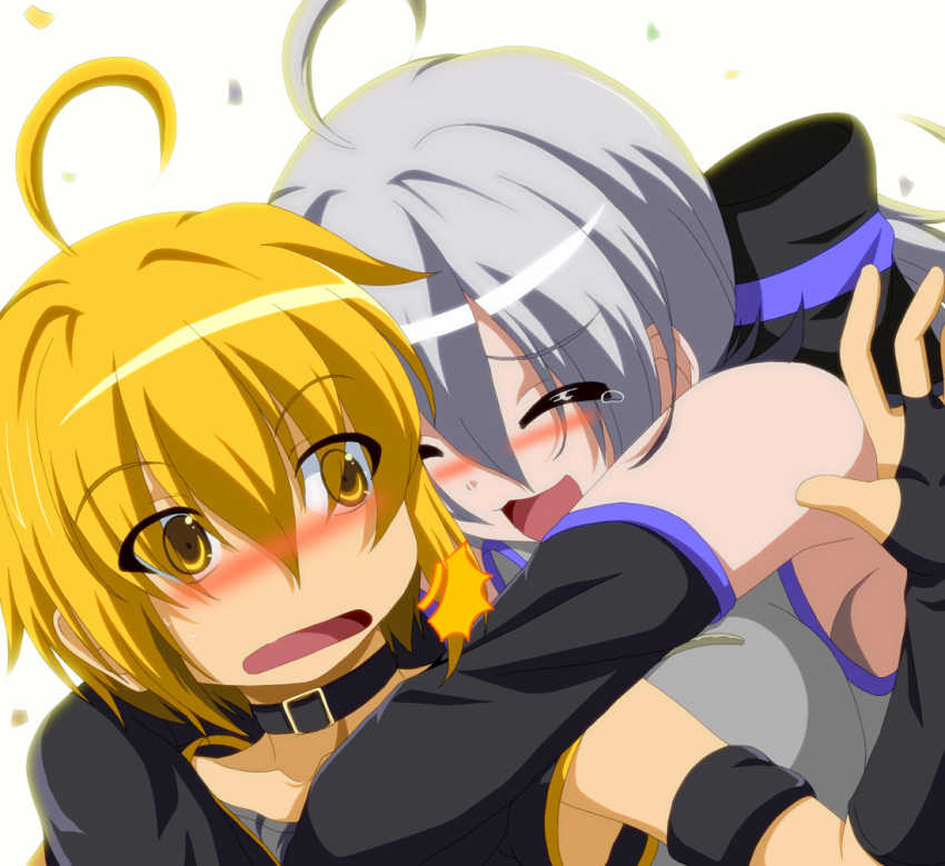 2girls ^_^ ahoge akita_nero armpits arms_around_neck blonde_hair blush bow choker closed_eyes commentary_request detached_sleeves dr._cryptoso grey_hair grey_shirt hairbow multiple_girls open_mouth photoshop_(medium) ponytail shirt tears vocaloid yellow_eyes yowane_haku