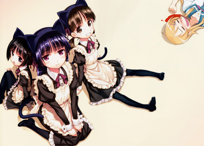 4girls :o =_= absurdres alternate_costume animal_ears apron arm_support black_eyes black_hair black_legwear blood blue_eyes blush brown_eyes brown_hair enmaided fake_animal_ears frills gokou_hinata gokou_ruri gokou_tamaki grin hair_ornament hairband hairclip hands_on_lap highres kousaka_kirino kousaka_kirino's_school_uniform maid mary_janes matsuryuu mole mole_under_eye multiple_girls non-web_source nosebleed ore_no_imouto_ga_konna_ni_kawaii_wake_ga_nai pantyhose photoshop_(medium) purple_eyes school_uniform serafuku shoes siblings simple_background sisters sitting smile so_moe_i'm_gonna_die! tail twintails wariza wrist_cuffs