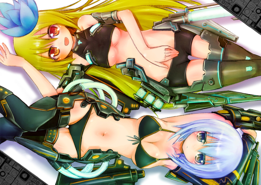 2girls :d armlet armpits arms_up bare_shoulders bikini black_legwear blonde_hair blue_eyes blue_hair blush breasts cleavage commentary_request detached_sleeves flower hair_flower hair_ornament halterneck ico_(green_bullet) kimidori_(ico) long_hair looking_at_viewer lying mecha_musume medium_breasts midriff multiple_girls navel on_back open_mouth original red_eyes short_hair shorts smile swimsuit thighhighs underboob