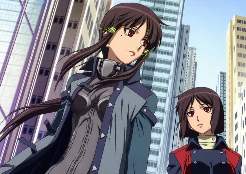 2girls absurdres city fujimi_shobo full_metal_panic full_metal_panic highres long_hair looking_back mole multiple_girls red_hair short_hair siblings sky window xia_yu_fan xia_yu_lan