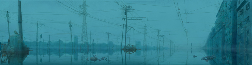 blue_theme city cloud cloudy_sky flood highres ishida_hiroyasu junk monochrome muted_color no_humans outdoors photoshop_(medium) power_lines rain rain_town reflection scenery sky traffic_light transformer utility_pole water